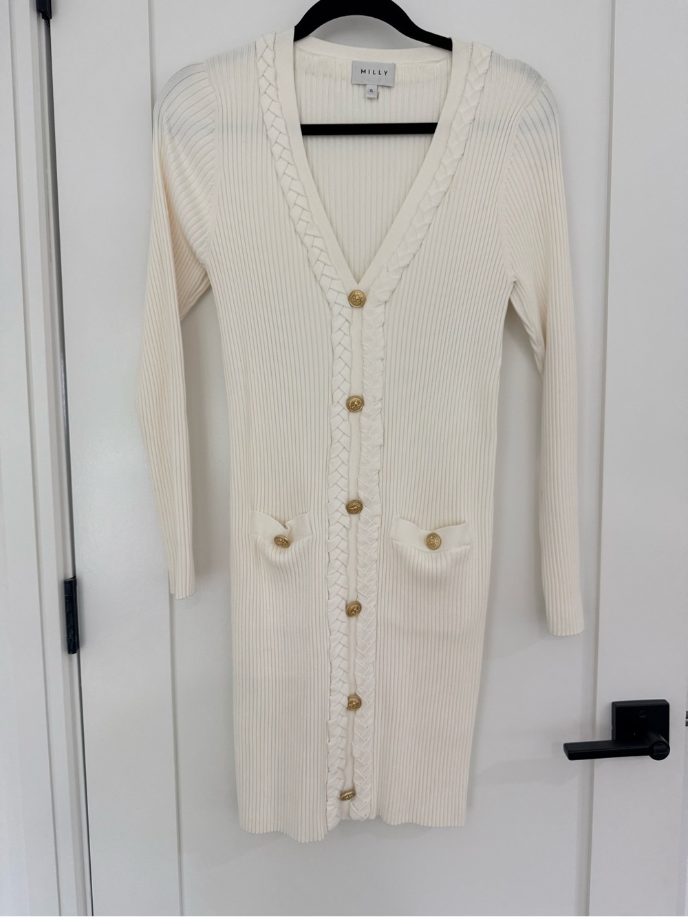 Milly Ivory Ribbed Long Cardigan Dress with Gold Buttons